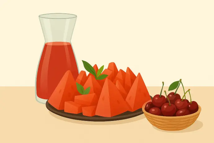 Plateau de pastèque fraîche tranchée, cerises et carafe de jus de pastèque – sélection fruitée livrée en entreprise